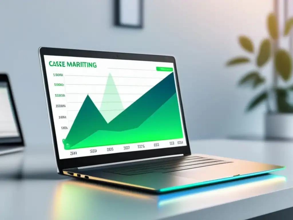 Éxito en marketing de afiliados Laptop moderno y minimalista en un escritorio blanco, con gráfica de éxito en estudios de caso de afiliados