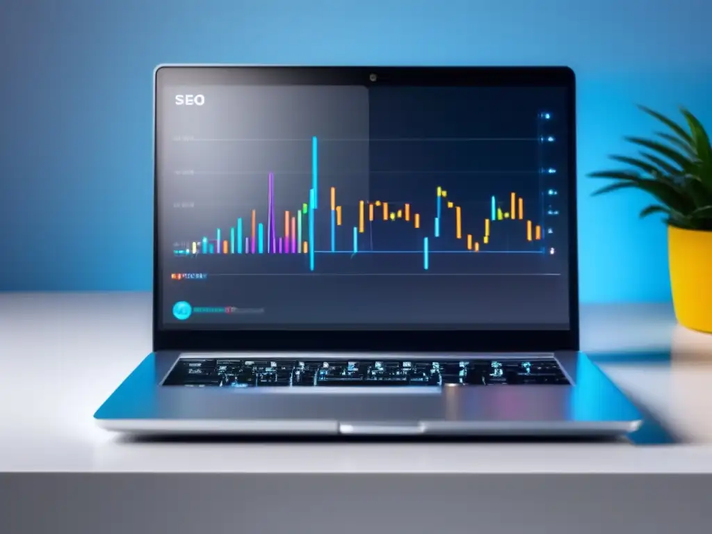 Laptop en escritorio blanco con gráfico de tráfico web creciente Laptop moderno con gráfico de tráfico web, éxito en estrategias SEO para marketing de afiliados