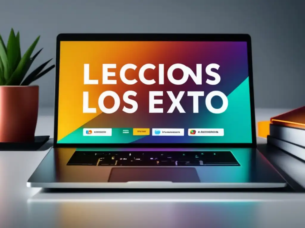 Éxito en Marketing de Afiliados Éxito en Marketing de Afiliados: Laptop con gráficos vibrantes y herramientas de marketing, en un ambiente profesional y sofisticado