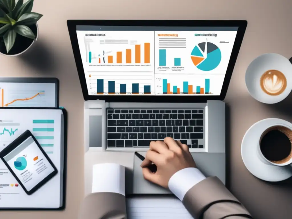 Experto en marketing de afiliados Persona en escritorio con herramientas y recursos de marketing, enfocada en estadísticas y gráficas de marketing de afiliados