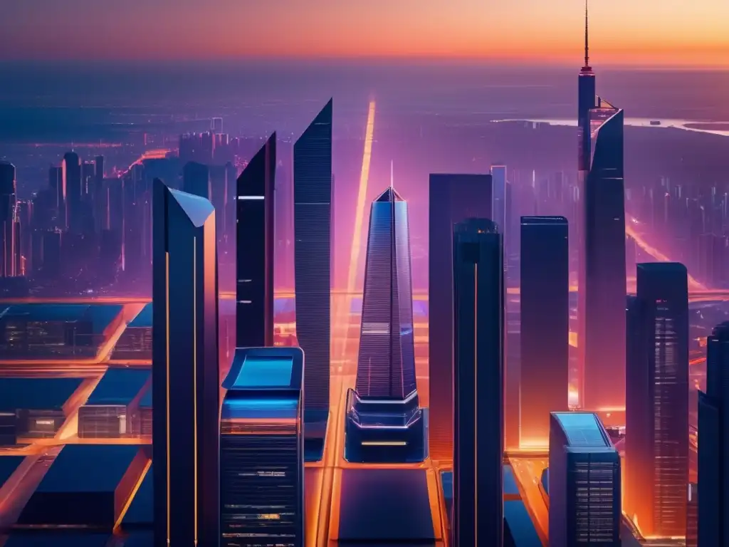 Futurista ciudad nocturna con rascacielos iluminados Ciudad futurista al atardecer: evita sanciones en el marketing de afiliados