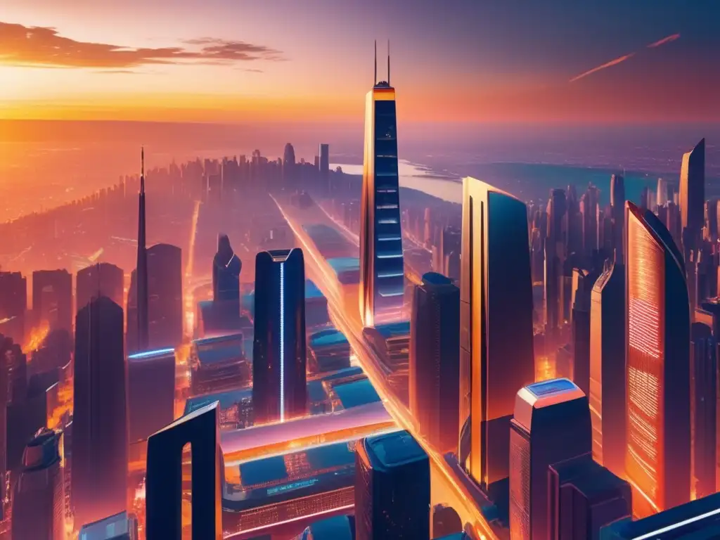 Futurista ciudad dorada con rascacielos y publicidad digital Ciudad futurista al atardecer, tendencias en el marketing de afiliados