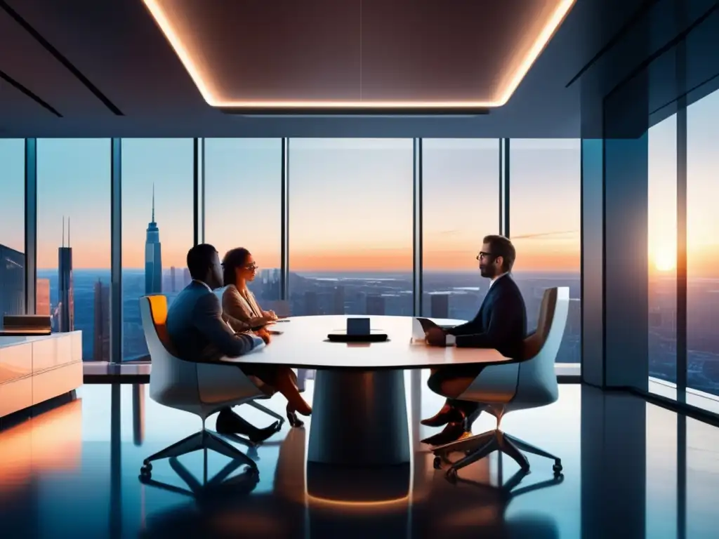 Oficina futurista y moderna con vista panorámica de la ciudad Oficina futurista con vista panorámica de la ciudad y profesionales discutiendo estrategias para optimizar conversiones en marketing de afiliados