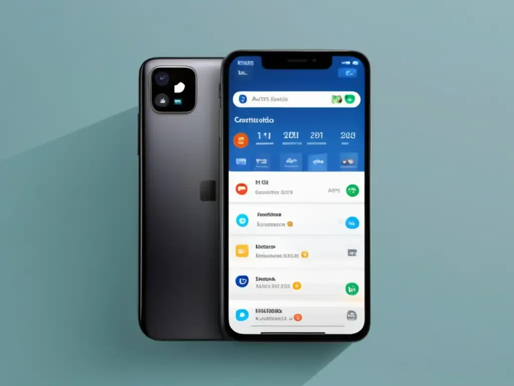 Smartphone con aplicaciones de redes sociales, correos y anuncios Smartphone con 3 aplicaciones móviles para marketing de afiliados: Programación de contenido, Automatización de correos, Gestión de anuncios