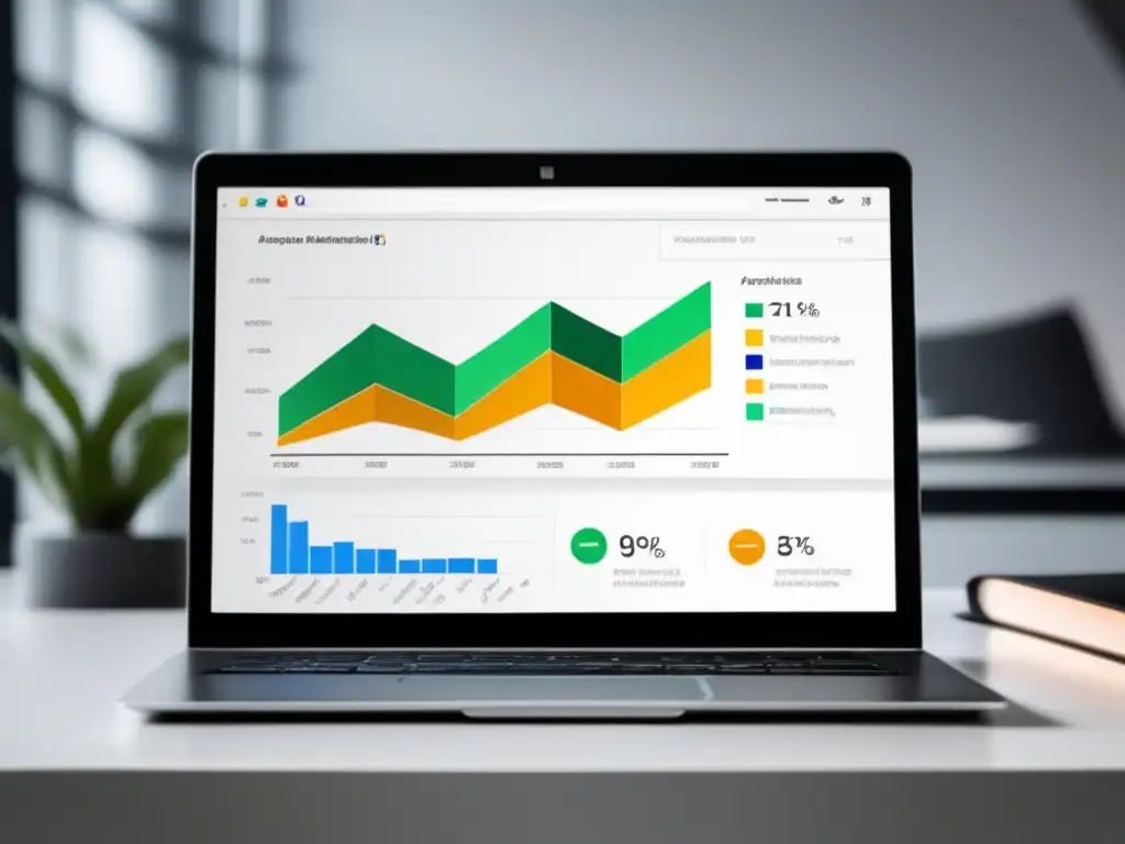 Elegante laptop en escritorio blanco Imagen: Laptop moderno en escritorio blanco, gráfico de Google Analytics muestra éxito en marketing de afiliados