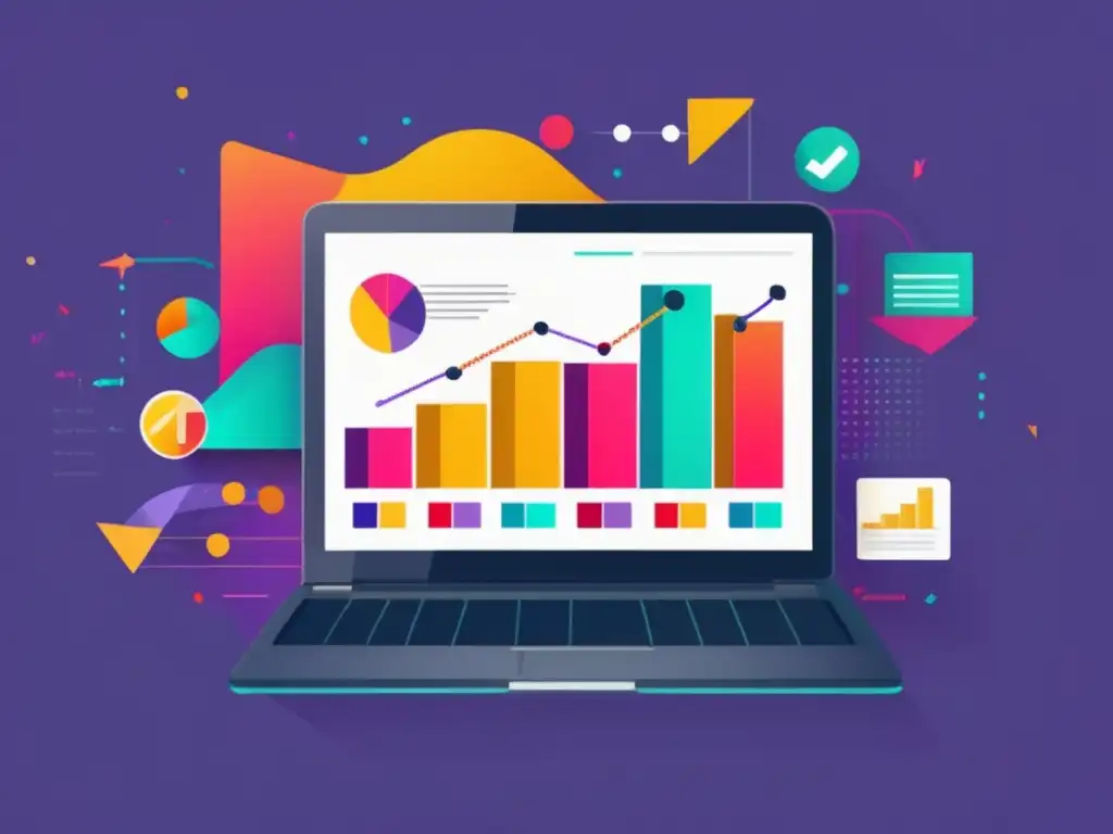Gráfico de afiliación exitosa Éxito en afiliados: gráfico dinámico de campañas de marketing, laptop en escritorio minimalista