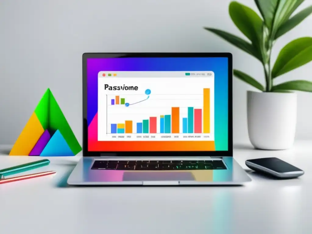 Imagen: Laptop en escritorio blanco, gráfica de ingresos pasivos y elementos de marketing