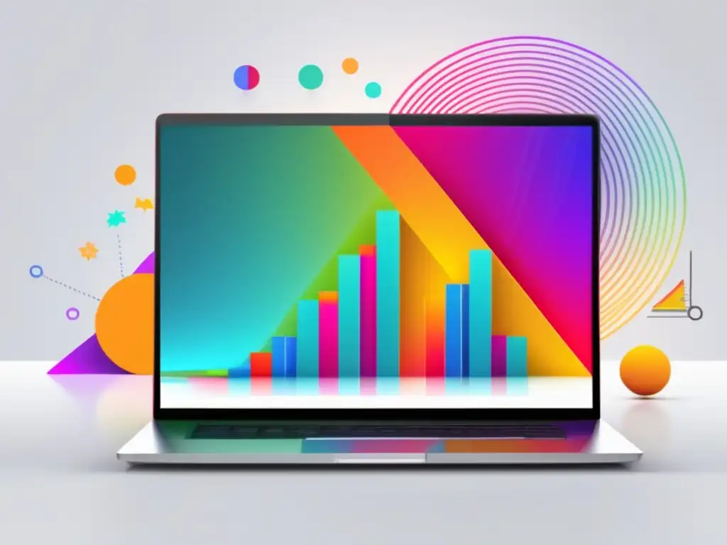 Laptop moderno con gráfica de ingresos de marketing de afiliación Laptop en escritorio blanco muestra gráfico vibrante de ingresos en marketing de afiliados