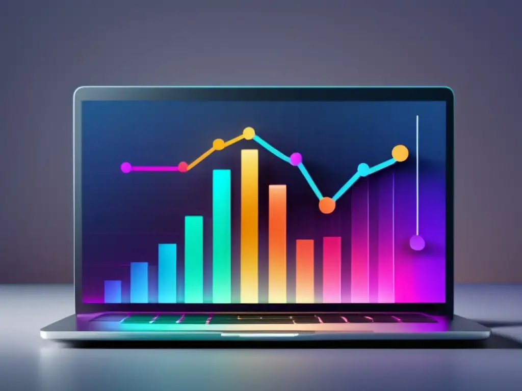 Crecimiento orgánico del tráfico web con SEO Laptop moderno con teclado vibrante iluminado y gráfico de crecimiento de tráfico orgánico, enfatizando estrategias de SEO para marketing de afiliados