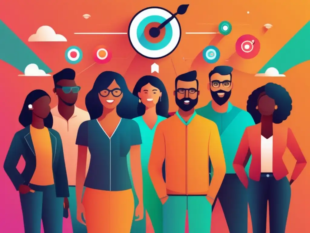 Grupo diverso de personas enganchadas en marketing de afiliados Grupo diverso de personas en una ilustración moderna y vibrante, representando el público objetivo del marketing de afiliados