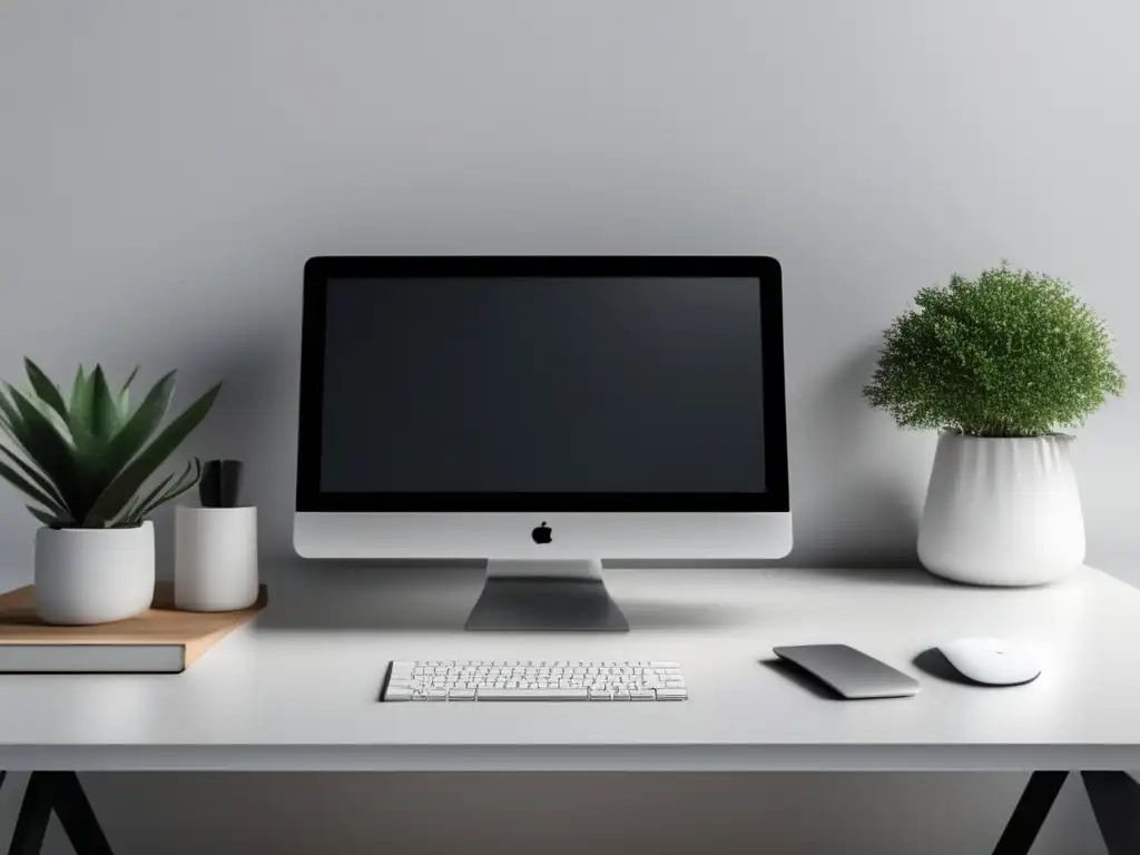 Espacio de trabajo moderno y minimalista Escritorio minimalista con laptop, mouse y teclado, ideal para artículo sobre herramientas de afiliados
