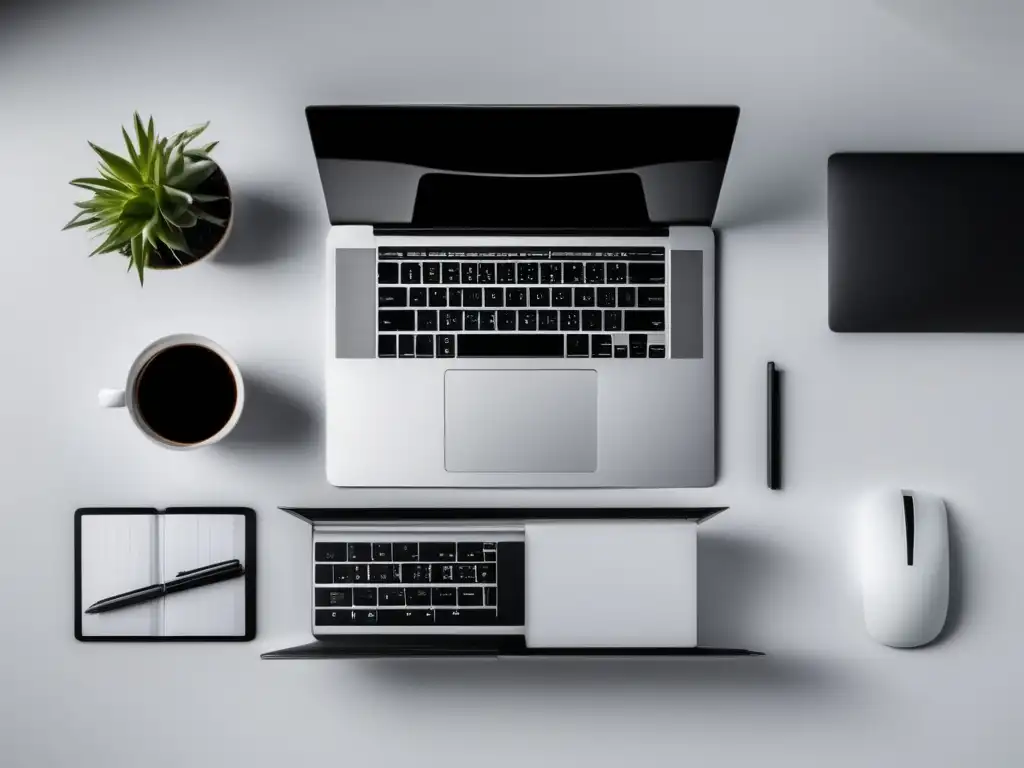 Espacio de trabajo moderno y minimalista Imagen: Espacio de trabajo moderno con escritorio blanco y portátil negro, mostrando dashboard de análisis de marketing