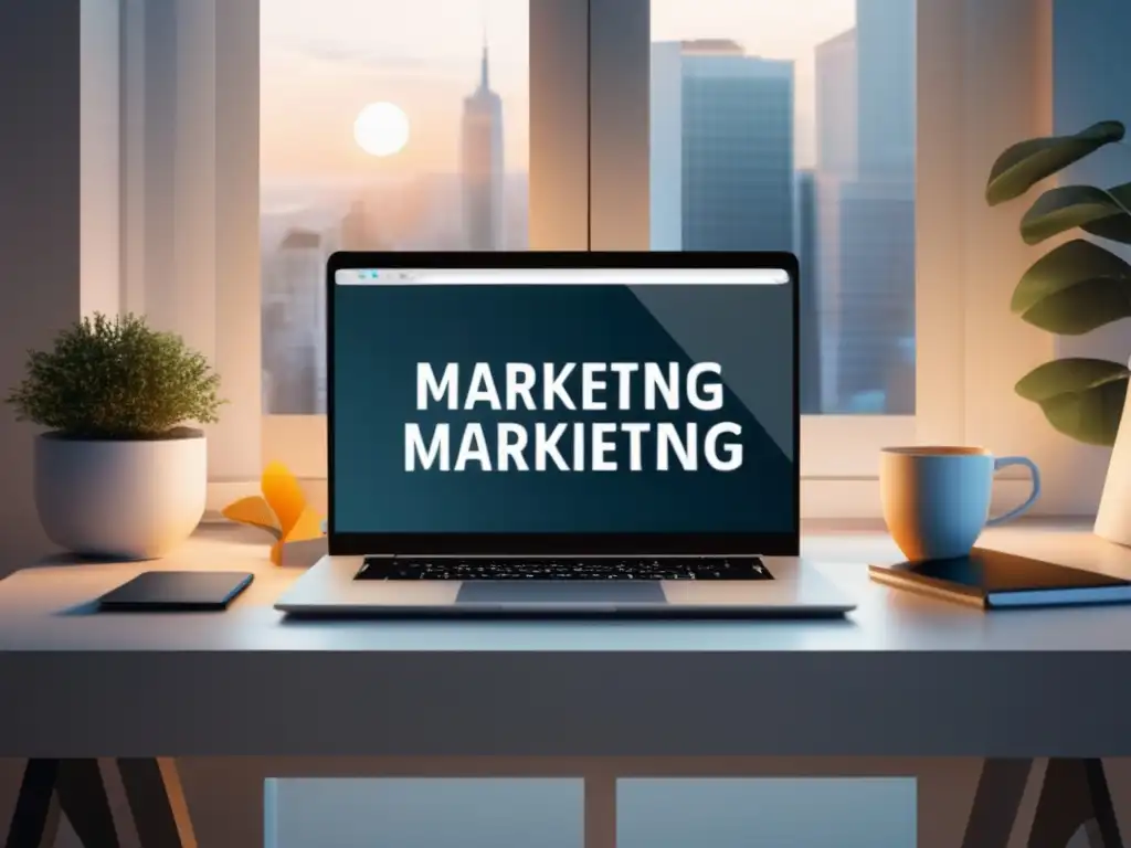 Espacio de trabajo moderno y minimalista con herramientas de marketing Espacio de trabajo moderno con escritorio blanco, laptop de alta gama y libros de marketing