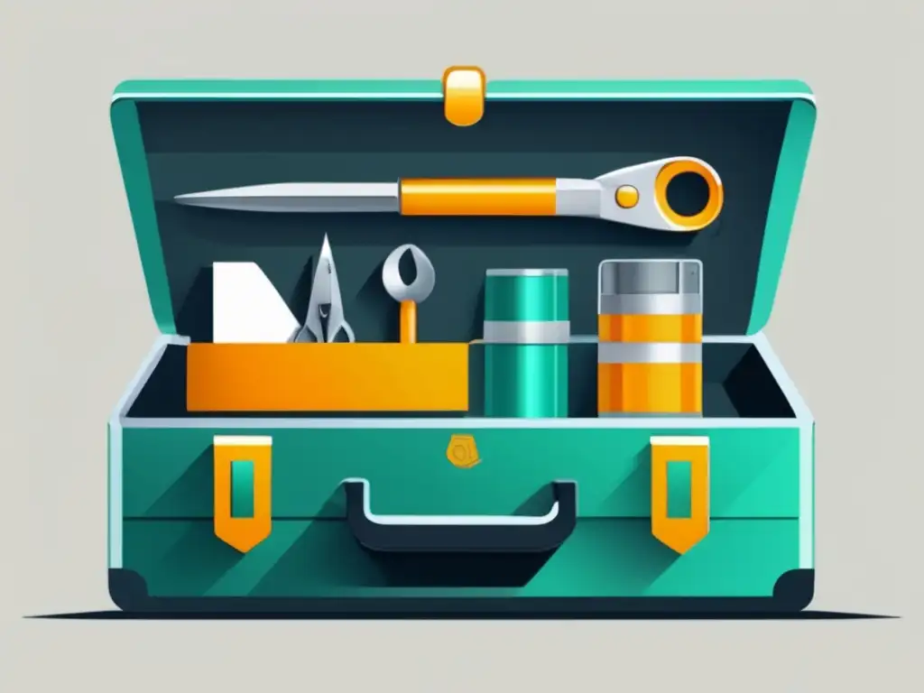 Ilustración moderna de caja de herramientas SEO Herramientas SEO para marketers afiliados: ilustración minimalista y moderna de una caja con tres compartimentos, cada uno representando una herramienta SEO mencionada en el artículo