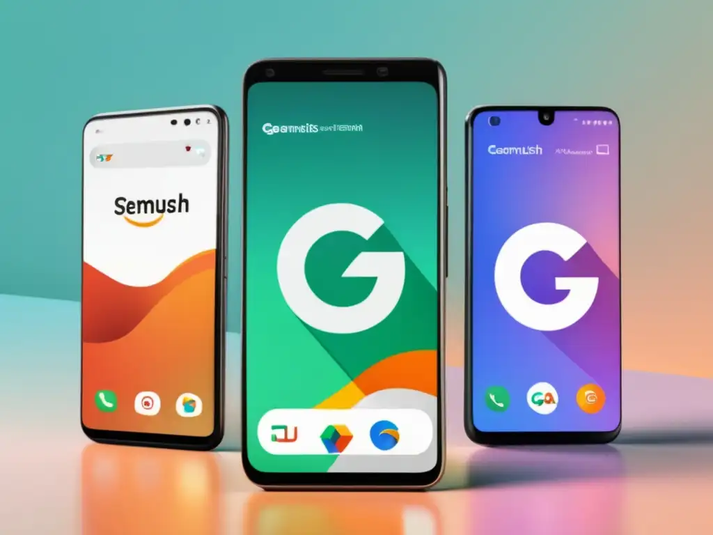 Smartphones con herramientas SEO Herramientas SEO para marketing de afiliados con smartphones modernos y logos de Google y SEMRush