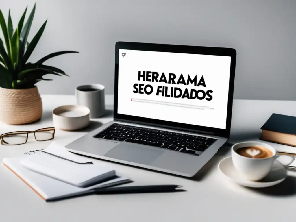 Escritorio minimalista con laptop y herramientas SEO Escritorio blanco minimalista con laptop y herramientas SEO para marketing de afiliados