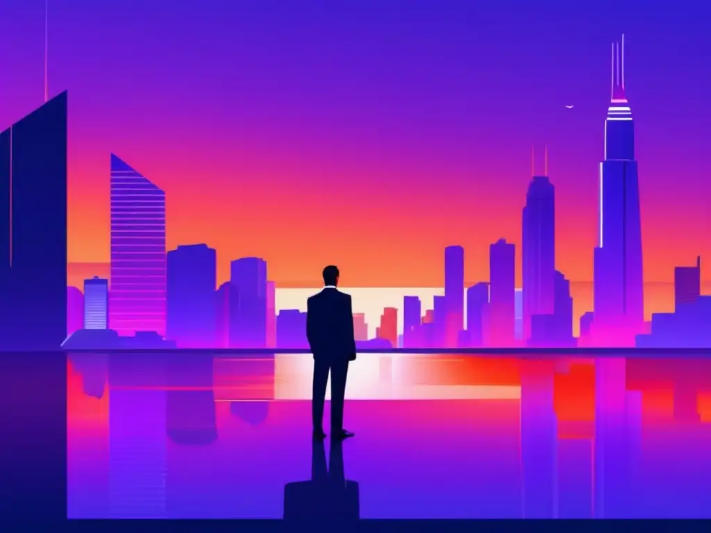 Paisaje digital moderno con rascacielos y figura de afiliado Paisaje digital con rascacielos futuristas, reflejando la ciudad y simbolizando éxito en el marketing de afiliados