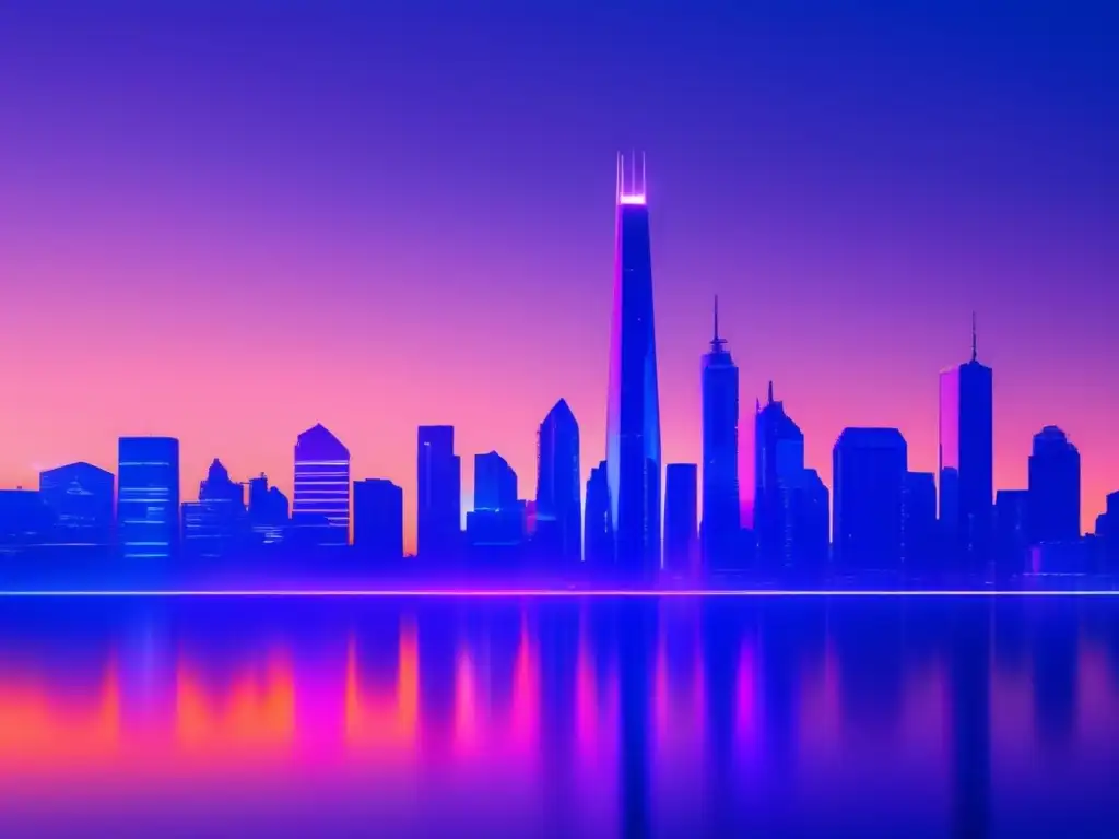 Ciudad futurista al atardecer Paisaje urbano futurista con reflejos de vidrio y metal, simbolizando el programa de afiliados de HubSpot