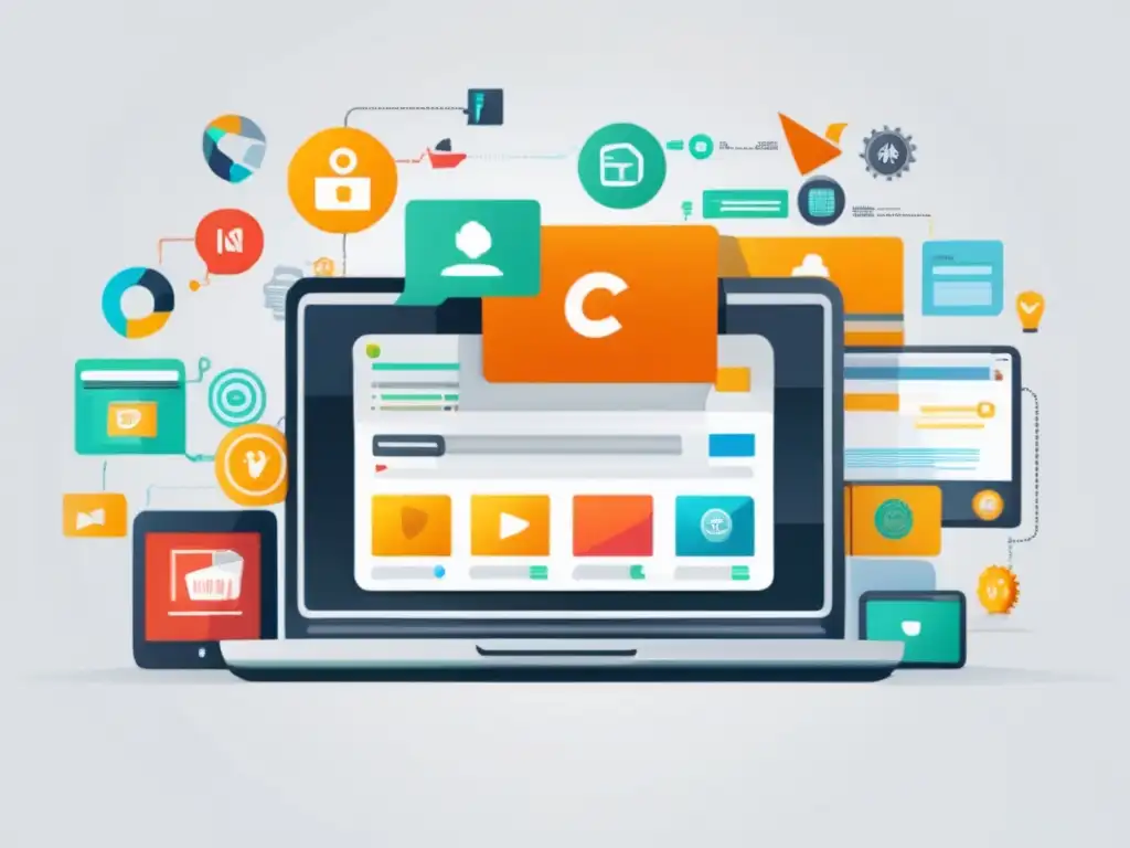 Laptop moderno con fondo blanco, iconos de software de afiliados vibrantes y detallados