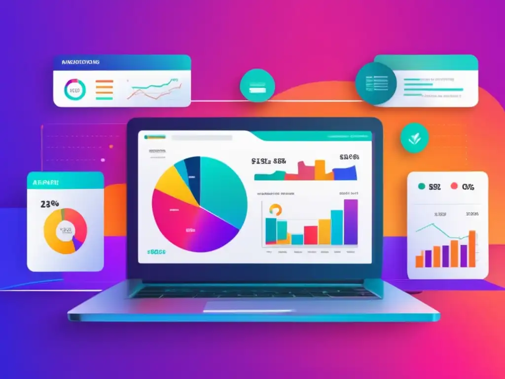 Dashboard de afiliados moderno y vibrante Laptop con pantalla vibrante muestra programa de afiliados más efectivos