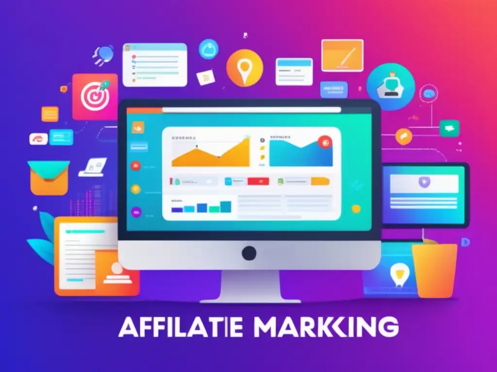 Herramientas de automatización para afiliados Herramientas de automatización para el marketing de afiliados: pantalla minimalista y moderna con iconos y herramientas vibrantes y detalladas