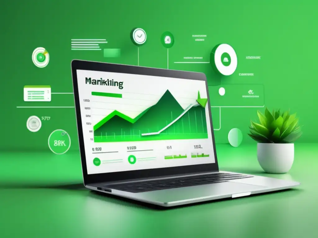 Laptop con gráfica de crecimiento en marketing de afiliados Laptop con pantalla mostrando gráfica de crecimiento de ingresos en marketing de afiliados y herramientas de optimización