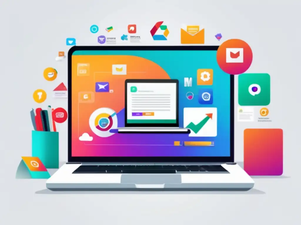 Estrategias de marketing de afiliados Laptop moderno con pantalla vibrante y estrategias de contenido para el marketing de afiliados