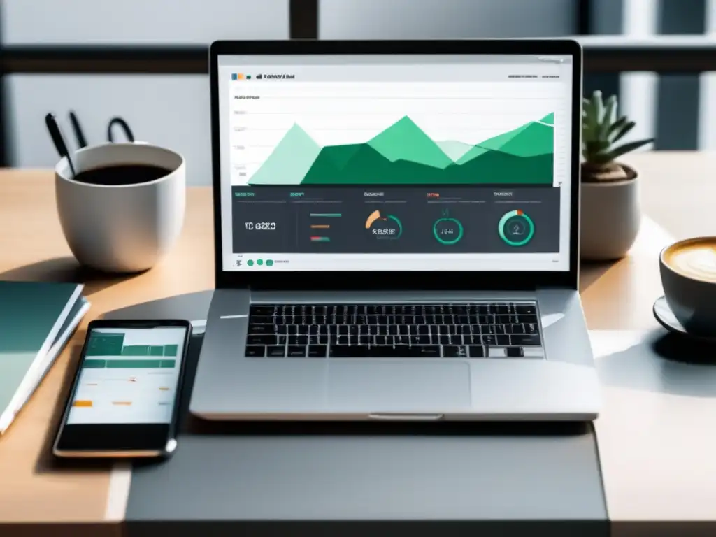 Espacio de trabajo moderno y minimalista con laptop y gráficos de herramientas de afiliados Imagen profesional de herramientas de afiliados en un espacio de trabajo minimalista y moderno