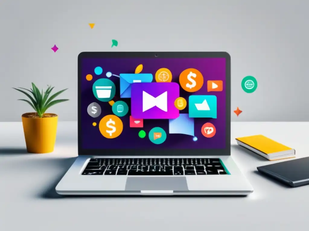 Laptop de afiliados con íconos y símbolos llamativos Laptop de marketing de afiliados con iconos y símbolos, vibrante y moderno, estrategia de marketing de afiliados