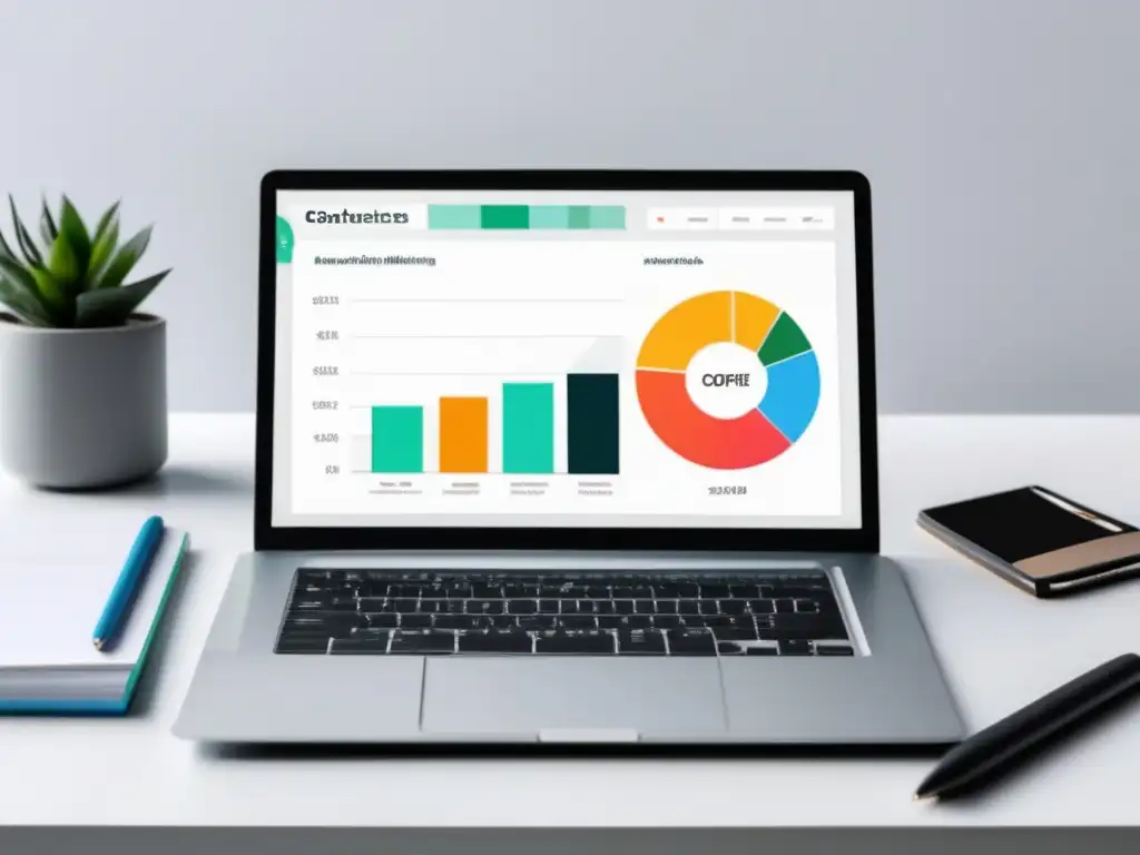 Escritorio moderno con laptop y gráficos de marketing de afiliados Imagen: Laptop en un escritorio blanco con gráficos de ingresos automáticos y estrategias de marketing de afiliados