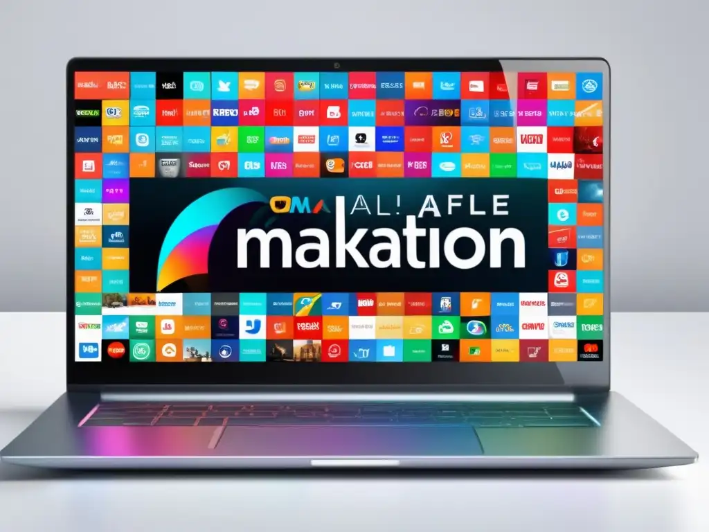 Laptop de streaming y marketing de afiliados Laptop moderno con pantalla vibrante mostrando logos de plataformas y tendencias del marketing de afiliados