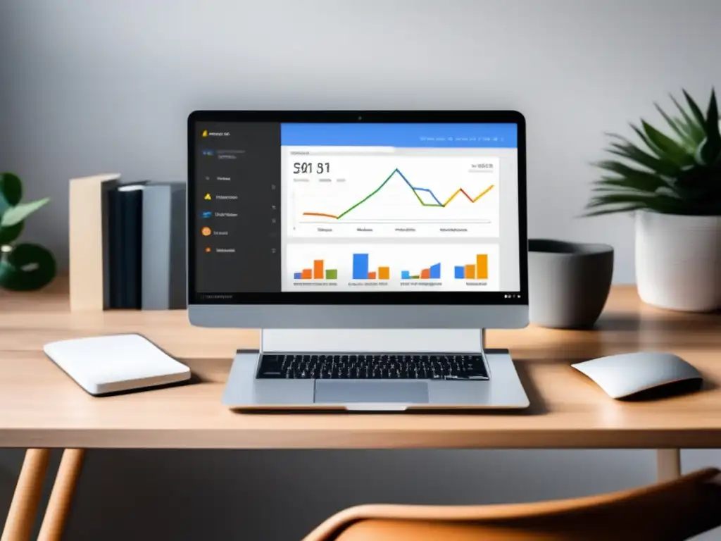 Escritorio minimalista con Google Analytics Escritorio minimalista con laptop y métricas clave para medir éxito en marketing de afiliados