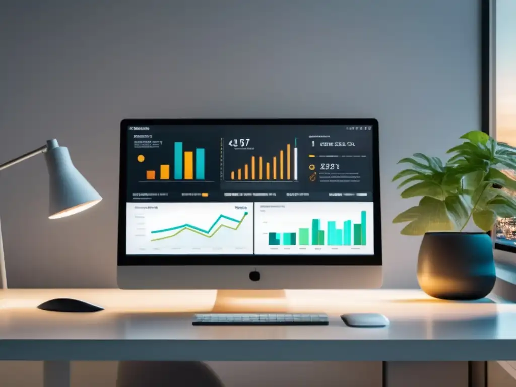 Escritorio minimalista con laptop y dashboard de web analytics Escritorio blanco con laptop y métricas clave para maximizar ingresos en marketing de afiliados