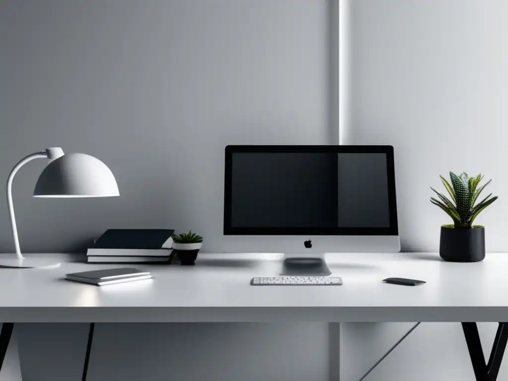 Escritorio minimalista con laptop y gráficos Herramientas de automatización para marketing de afiliados en un entorno eficiente y profesional