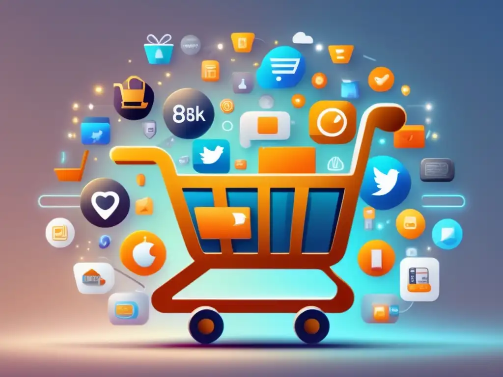 Carro de compras con productos y símbolos de marketing Ilustración minimalista de un carrito de compras con productos diversos, íconos de upselling, crossselling, programas de recompensas y redes sociales