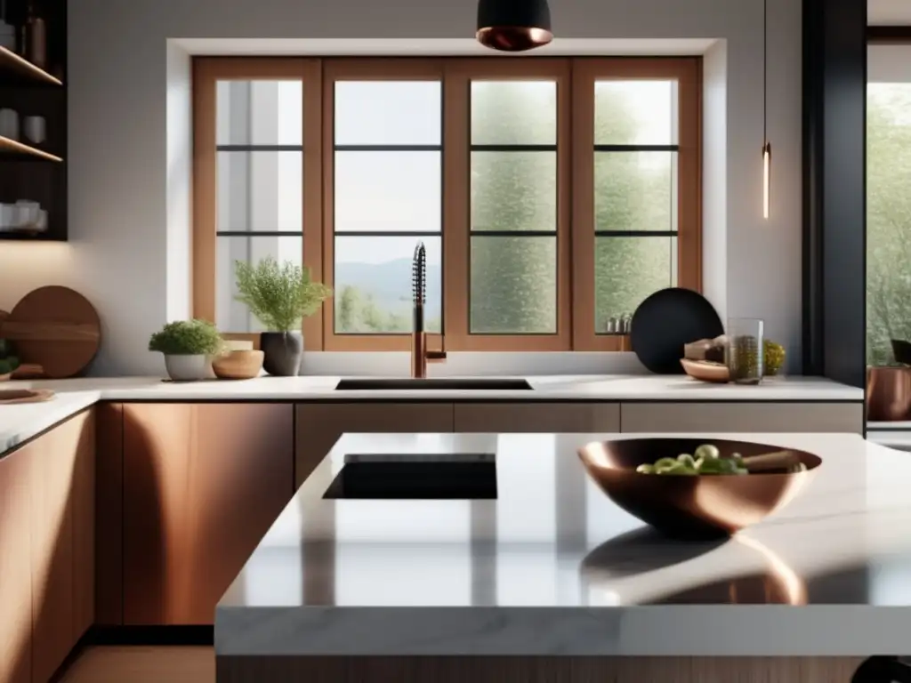 Cocina moderna con diseño minimalista Cocina moderna de diseño minimalista con encimera de mármol blanco, utensilios de cocina y principios éticos en el marketing de afiliados
