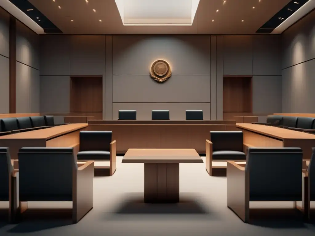 Sala de tribunal moderna y minimalista Imagen 8k de una moderna sala de tribunal, destacando el diseño minimalista y los errores comunes en la legislación del marketing de afiliados