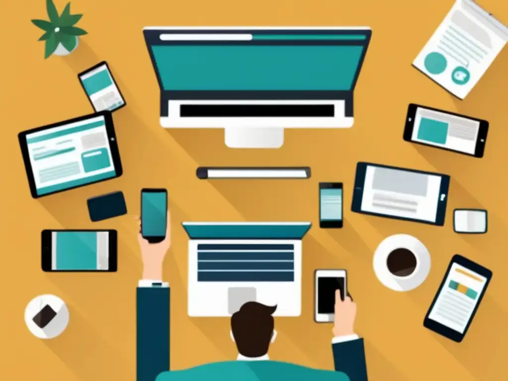 Persona creando contenido exitoso Ilustración minimalista y moderna de una persona creando contenido en un escritorio con dispositivos digitales