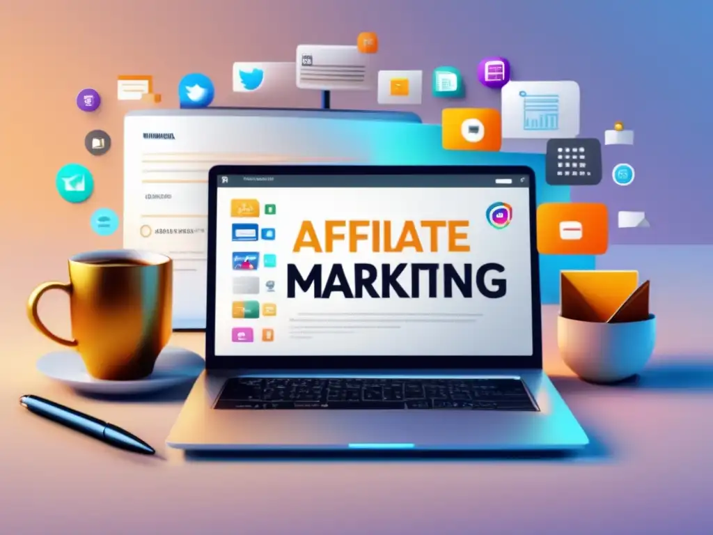 Imagen profesional de marketing de afiliados Imagen: Laptop moderno con iconos y gráficos de marketing de afiliados, rodeado de artículos de escritorio y fondo de colores pastel