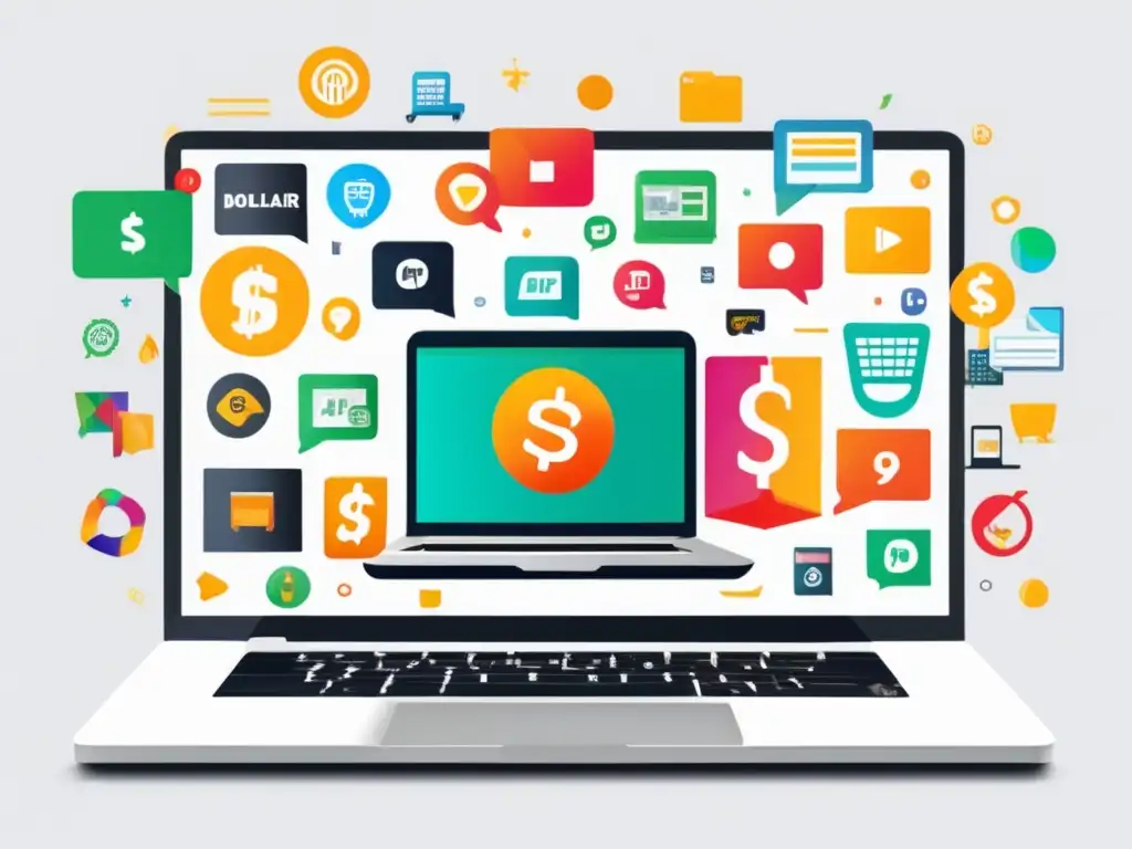 Laptop moderno con diseño limpio y vibrante Laptop moderno con diseño limpio y vibrante, muestra un mundo digital dinámico y estrategias clave para el marketing de afiliados