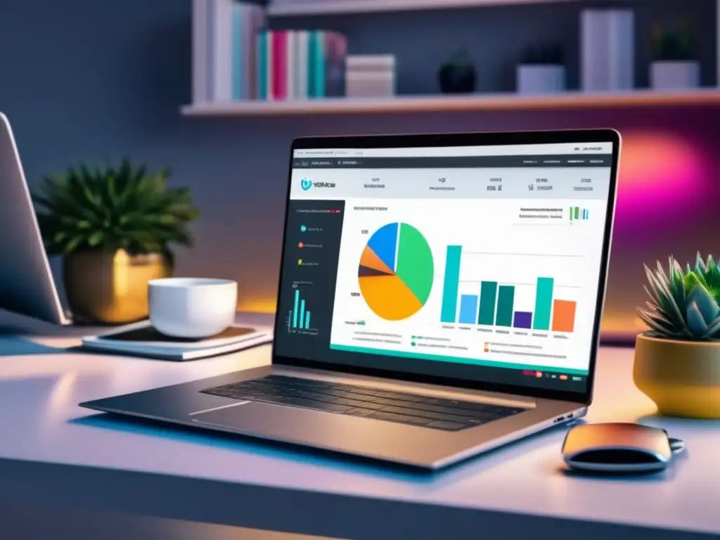 Laptop moderno y elegante en escritorio minimalista Imagen: Laptop en escritorio con dashboard de marketing de afiliados y estrategias efectivas -