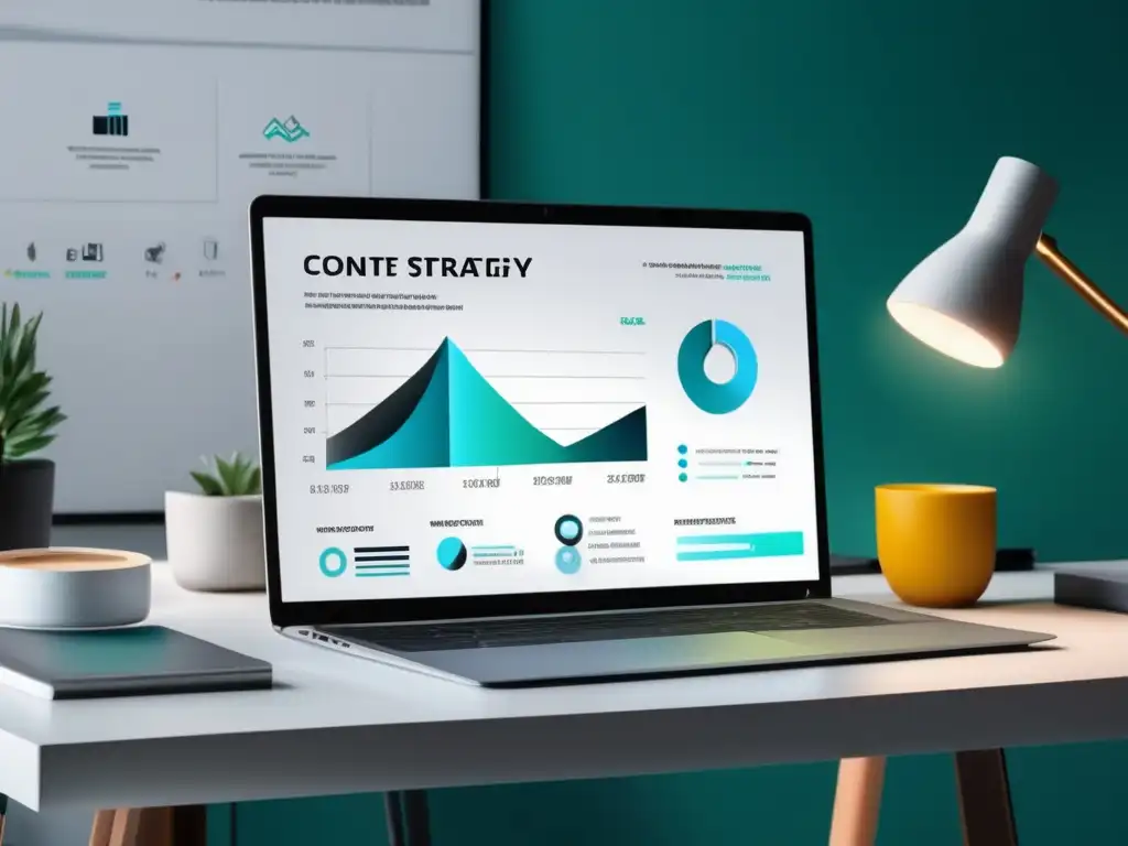 Espacio de trabajo minimalista y organizado con estrategia de contenido Escritorio minimalista y ultradetallado con estrategias de contenido para convertir visitantes en compradores en el marketing de afiliados