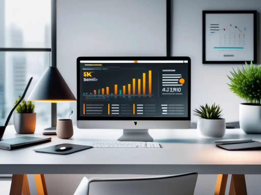 Espacio de trabajo moderno y minimalista con herramientas de SEO Imagen: Herramientas SEO para marketing de afiliados en un espacio de trabajo moderno con una paleta de colores vibrante