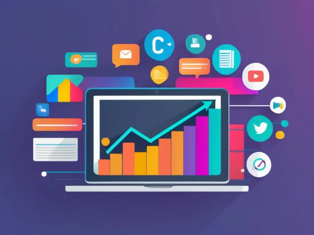 Laptop con pantalla vibrante y gráfico de crecimiento Laptop moderno con gráfico de crecimiento y estrategias de contenido para marketing de afiliados