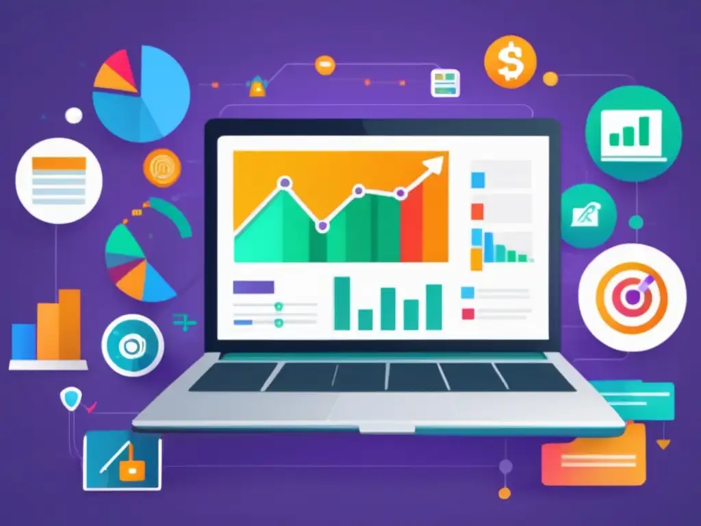 Laptop minimalista: éxito en marketing de afiliados Laptop minimalista muestra gráfica de crecimiento de ingresos pasivos con marketing de afiliados y estrategias SEO