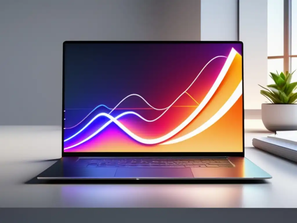 Laptop de diseño moderno y minimalista Laptop en un escritorio moderno con gráfica de ingresos pasivos y recursos esenciales para el marketing de afiliados