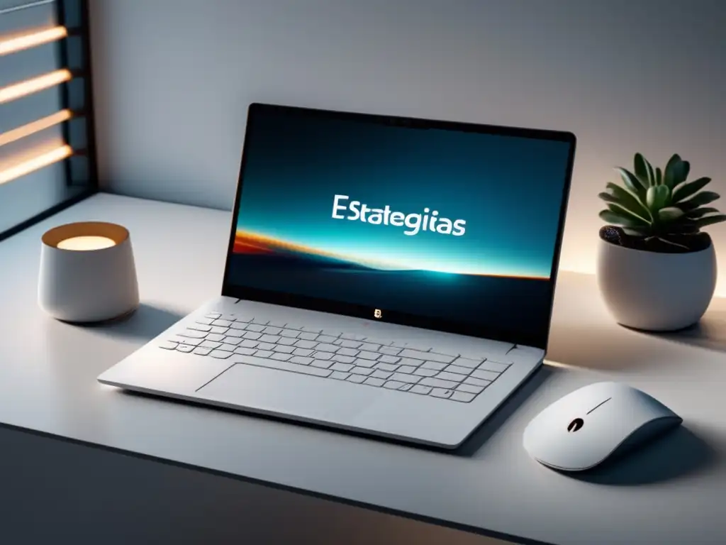 Espacio de trabajo minimalista y productivo Laptop moderno de diseño minimalista con teclado retroiluminado, rodeado de un espacio de trabajo minimalista con accesorios estratégicos