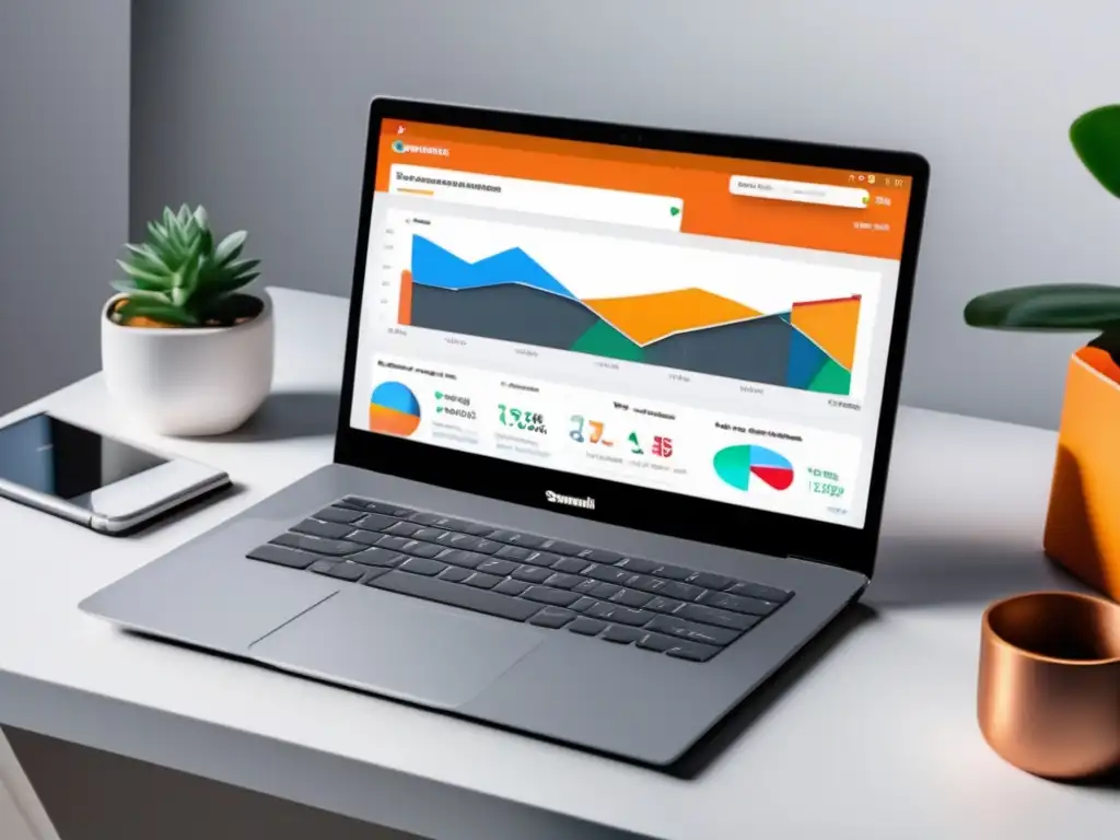 Laptop moderno con dashboard de análisis web Laptop moderno en escritorio blanco con dashboard de Google Analytics, SEMrush y Ahrefs para estrategias de marketing de afiliados