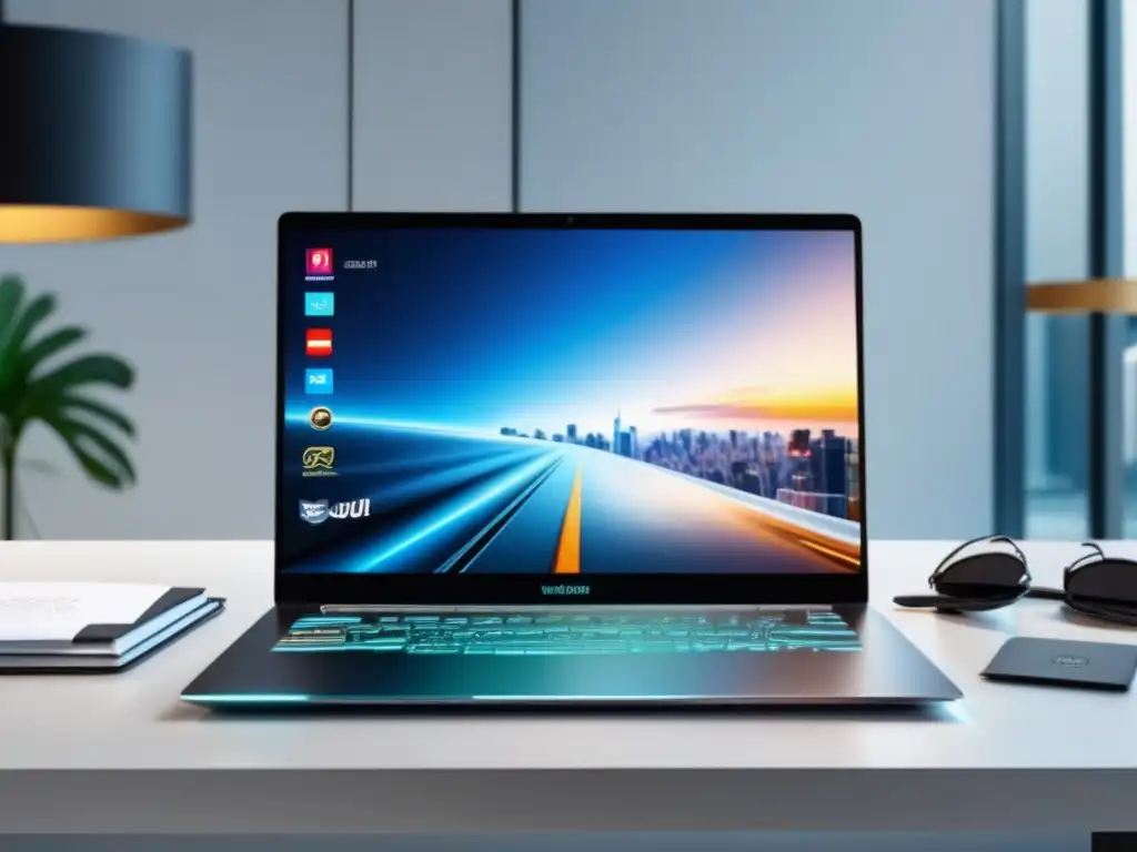 Laptop moderno con logos de marcas variadas Laptop moderno y minimalista con logos de marcas de moda, tecnología y viajes en pantalla