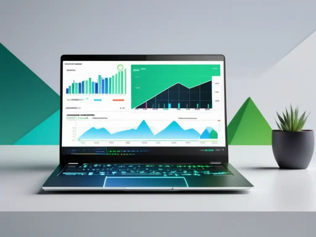 Laptop profesional con datos en pantalla Laptop blanco con teclado negro y pantalla vibrante que muestra datos de seguimiento de enlaces de afiliados y métricas de rendimiento